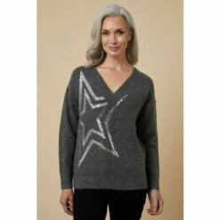 Wallis Grey Double Sequin Star V Neck Jumper For Female -Cheap Wallis Store unnamed file 5208