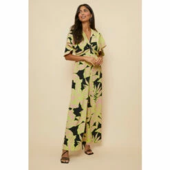 Wallis Leaf Print Twist Detail Angel Sleeve Jumpsuit For Female