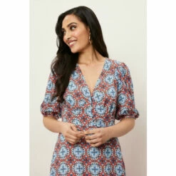 Wallis Petite Orange Geo Printed V Neck Midi Dress For Female