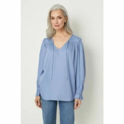 Wallis Blue Plain Tie Neck Blouse For Female