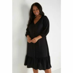 Wallis Curve Black Button Through Midi Tiered Dress For Female