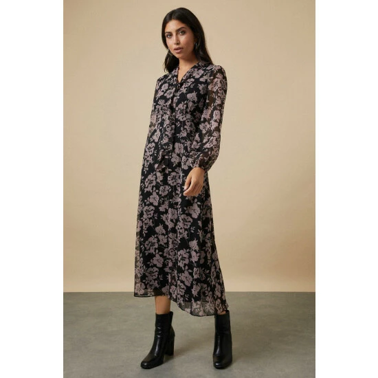 Wallis Black Stencil Floral Tie Neck Midi Dress For Female 3 Wallis Black Stencil Floral Tie Neck Midi Dress For Female