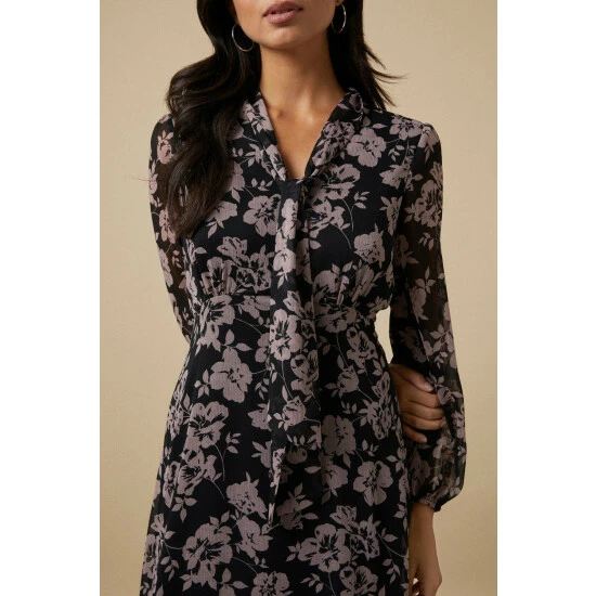Wallis Black Stencil Floral Tie Neck Midi Dress For Female 6 Wallis Black Stencil Floral Tie Neck Midi Dress For Female - Image 4