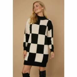 Wallis Petite Mono Cosy Check High Neck Dress For Female
