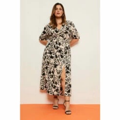 Wallis Curve Mono Floral Mock Wrap Midi Dress For Female