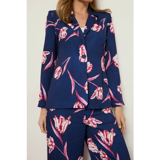 Wallis Navy Floral Print Satin Suit Blazer Jacket For Female 6 Wallis Navy Floral Print Satin Suit Blazer Jacket For Female - Image 4