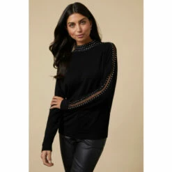 Wallis Crystal Mesh Trim Black High Neck Jumper For Female
