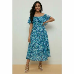 Wallis Petite Blue Abstract Off Shoulder Dress For Female