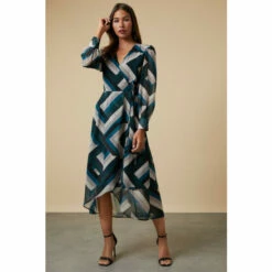Wallis Green Geometric Blouson Sleeve Wrap Dress For Female