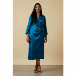 Wallis Teal Satin Wrap Waist Dress For Female