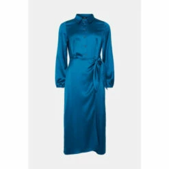 Wallis Teal Satin Wrap Waist Dress For Female -Cheap Wallis Store unnamed file 5976